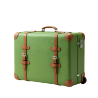 A vintage green suitcase with brown leather straps stands ready for travel against a stark transparent background, evoking a sense of classic adventure. png