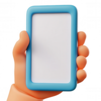 3d icon Cartoon hand grasping smartphone, blank white screen displaying digital content, transparent background enabling seamless graphic design placement png