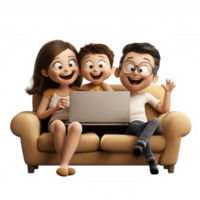 3d icon Family members relaxing on sofa, sharing laptop screen, smiling and bonding together with transparent background png