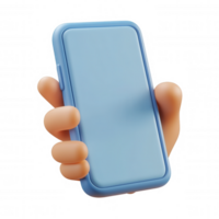 Cartoon hand grasping smartphone, blank white screen displaying digital content, transparent background enabling seamless graphic design placement png