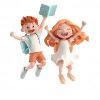 Jubilant 3d student icon leaping skyward, holding academic book, graduation success on clean transparent background png