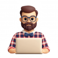 Bearded professional man with glasses and bow tie using laptop, 3d icon with transparent background, perfect for modern projects png