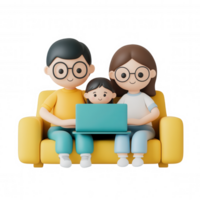 3d icon Family members relaxing on sofa, sharing laptop screen, smiling bonding together with transparent background png