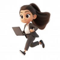 3d icon Businesswoman running with laptop, dynamic professional pose highlighting technological mobility against transparent background png