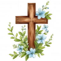 Watercolor wooden cross decorated with blue flowers and background leaves, perfect for easter or religious projects, featuring a transparent green for easy integration png