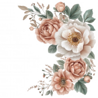Pastel roses and highlighting arranged gracefully in vintage inspired corner composition, peonies soft floral palette against transparent background png