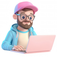 Bearded professional man with glasses and bow tie using laptop, 3d icon with transparent background, for modern projects png