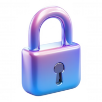 3d icon Metallic padlock icon glowing with iridescent sheen, representing digital security and privacy against transparent background png