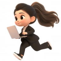 3d icon Businesswoman running with laptop, dynamic professional pose highlighting technological mobility transparent background png