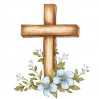 Watercolor wooden transparent decorated with blue flowers and green leaves, cross for easter or religious projects, featuring a perfect background for easy integration png