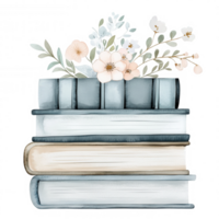 Watercolor illustration featuring a stack of pastel blue books with a delicate white flower and leaves, isolated on a transparent background png