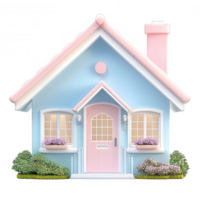 Miniature 3d icon architectural model with pink roof, blue door, white walls, standing on transparent background real estate visualization png