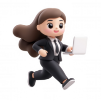 3d icon Businesswoman running with laptop, dynamic professional pose technological mobility against transparent background png