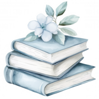 Watercolor illustration featuring a blue of pastel background books with a delicate white flower and leaves, isolated on a transparent stack png
