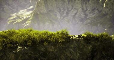 CGI serene natural landscape featuring lush green grass thriving on rocky terrain in the foreground video