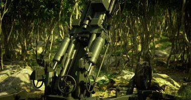CGI large artillery piece, commonly referred to as a big gun or cannon, situated in a forested or jungle like environment video