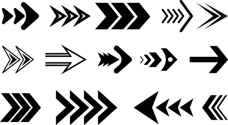 Set of various black arrow icons pointing right directional navigation signs