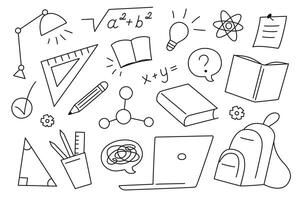 Collection of black and white flat cartoon doodles on school, education and science topics. Stationery elements, creative symbols, academic objects for posters, planners, web design vector