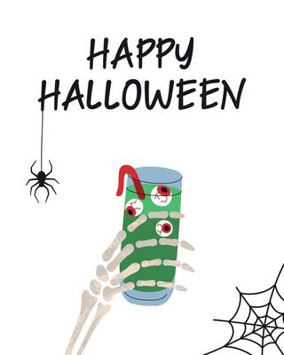 Flat illustration of Halloween party invitation or greeting card. Skeleton hand holding spooky drink with gummy eyes, spider and web. Festive banner or poster with Happy Halloween lettering