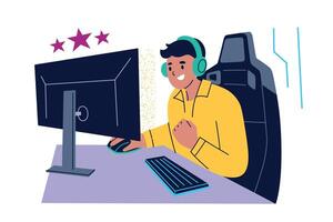 Excited gamer with headphones at computer vector