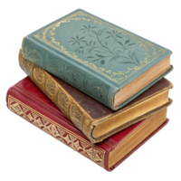 A stack of three antique books isolated on transparent background png