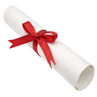 A white diploma scroll is tied with a red ribbon isolated on white png