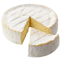 A wheel of brie cheese with a slice cut out isolated on transparent png