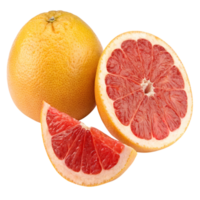 A whole grapefruit with a half and a slice isolated on transparent background png