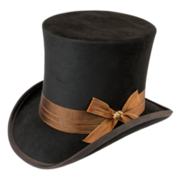 A black top hat with a brown ribbon isolated on transparent background png