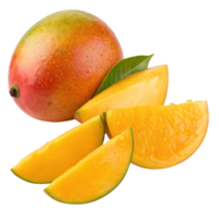 A whole mango and several slices isolated on transparent background png