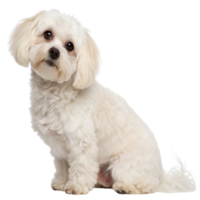 A fluffy white maltese dog sits and looks at the camera isolated on transparent background png