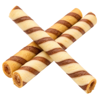 Four striped chocolate wafer rolls are isolated on white background png