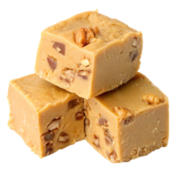 Three pieces of walnut fudge are stacked isolated on transparent background png