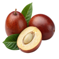 Three sapodilla fruits with leaves isolated on transparent background png