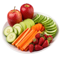 A plate of fresh fruit and vegetables isolated on transparent background png