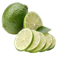 A whole and sliced green lime isolated on transparent background png