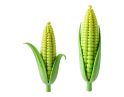 Freshly picked 3D cartoon style corn cobs with green leaves, isolated on transparent png
