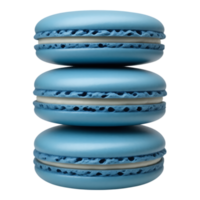 Stack of three blue macarons with white cream filling, isolated on transparent background png