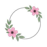 Delicate pink floral wreath with leaves and a thin black circle frame on white vector