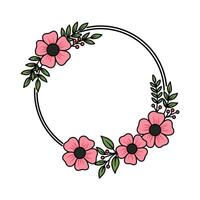 Delicate pink floral wreath with black center and double lined circle frame vector