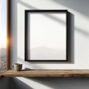 burlarse de arriba marco burlarse de arriba marco en un estante con un taza de café y ver de ciudad foto