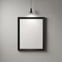 A black frame hanging on a wall with a light bulb photo