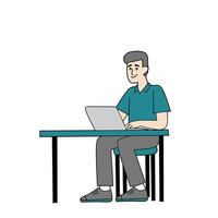 illustration of a young man working on a laptop at a desk. Simple flat style suitable for concepts like remote work, studying, freelance, or education vector