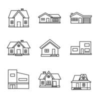 Set of black line house icons in different styles. Minimalist outline of various home designs including modern, traditional, and suburban architecture vector