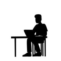 Silhouette of a man sitting at a desk using a laptop. Minimalist design for work, education, remote job, freelance, or business themes vector