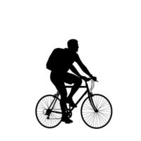 Silhouette of a man riding a bicycle with a backpack. illustration in black for cycling, delivery, outdoor activity, or eco transportation concepts. Isolated on white vector