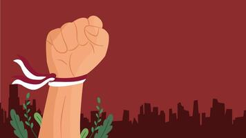 Illustration of a strong fist with ribbon raised above city skyline for Independence celebration vector