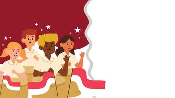 Group of diverse children waving Indonesian flags celebrating Independence Day together outdoors vector