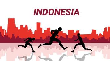 Silhouette of people running through urban cityscape for Indonesia Independence Day celebration vector