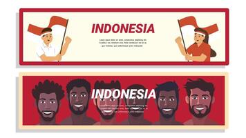 Two creative horizontal banners with waving flags and portraits for Indonesia Independence Day vector